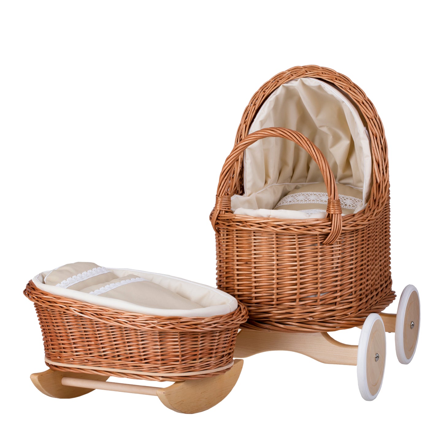 Lara rietenen poppenwagen en wieg met beige afwerking, dekentje en kussen