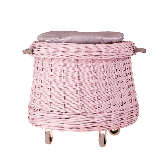 Vinca wicker toy chest for the kids' room with pink trim and wheels TheWickerStories