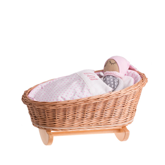 Mimi pletena zibelka za punčke s personalizacijo, roza podloga, blazina in odeja