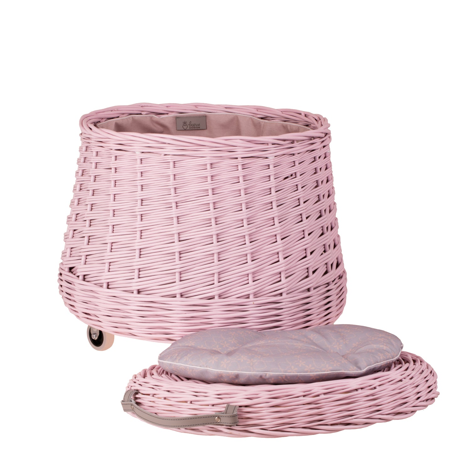 Vinca wicker toy chest for the kids' room with pink trim and wheels TheWickerStories