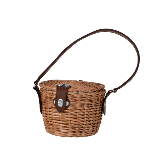 Rivora Rieten schoudertas met deksel en leren riem