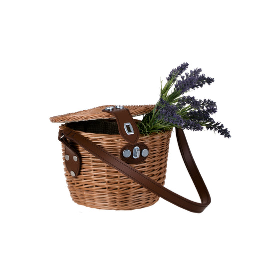 Rivora Rieten schoudertas met deksel en leren riem