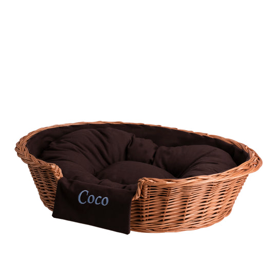 Esmira rieten mand voor honden en katten met bruin kussen, personaliseerbaar