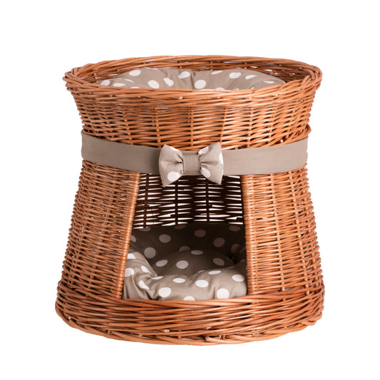 Eralis rieten kattenhuis met beige rand, twee niveaus, met kussens en een strik