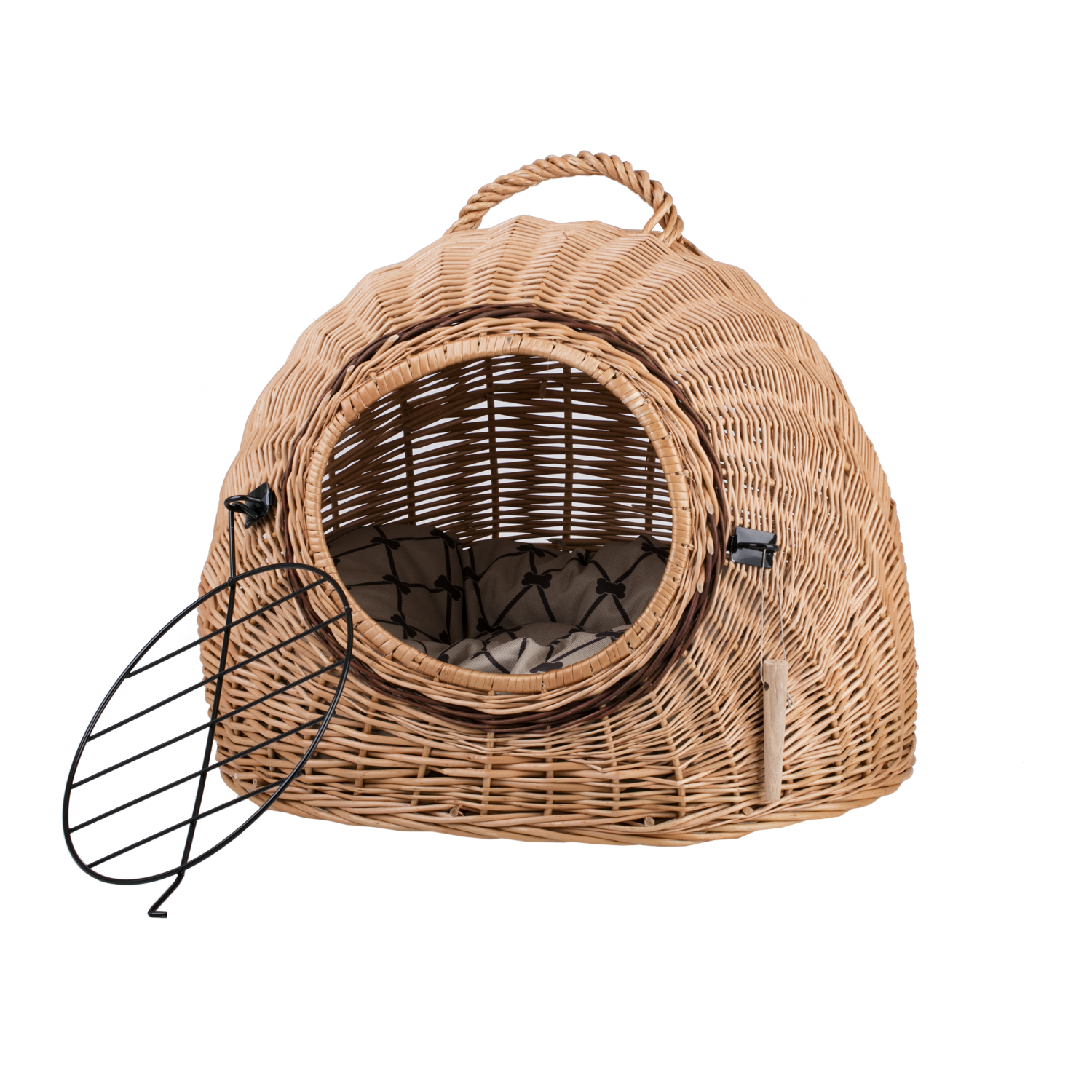 wicker cat house with cushion, carrying handle and metal doors