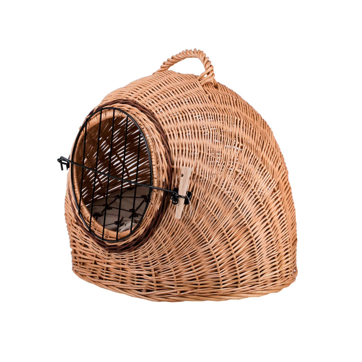 Tactus wicker cat house with cushion, carrying handle and metal doors TheWickerStories