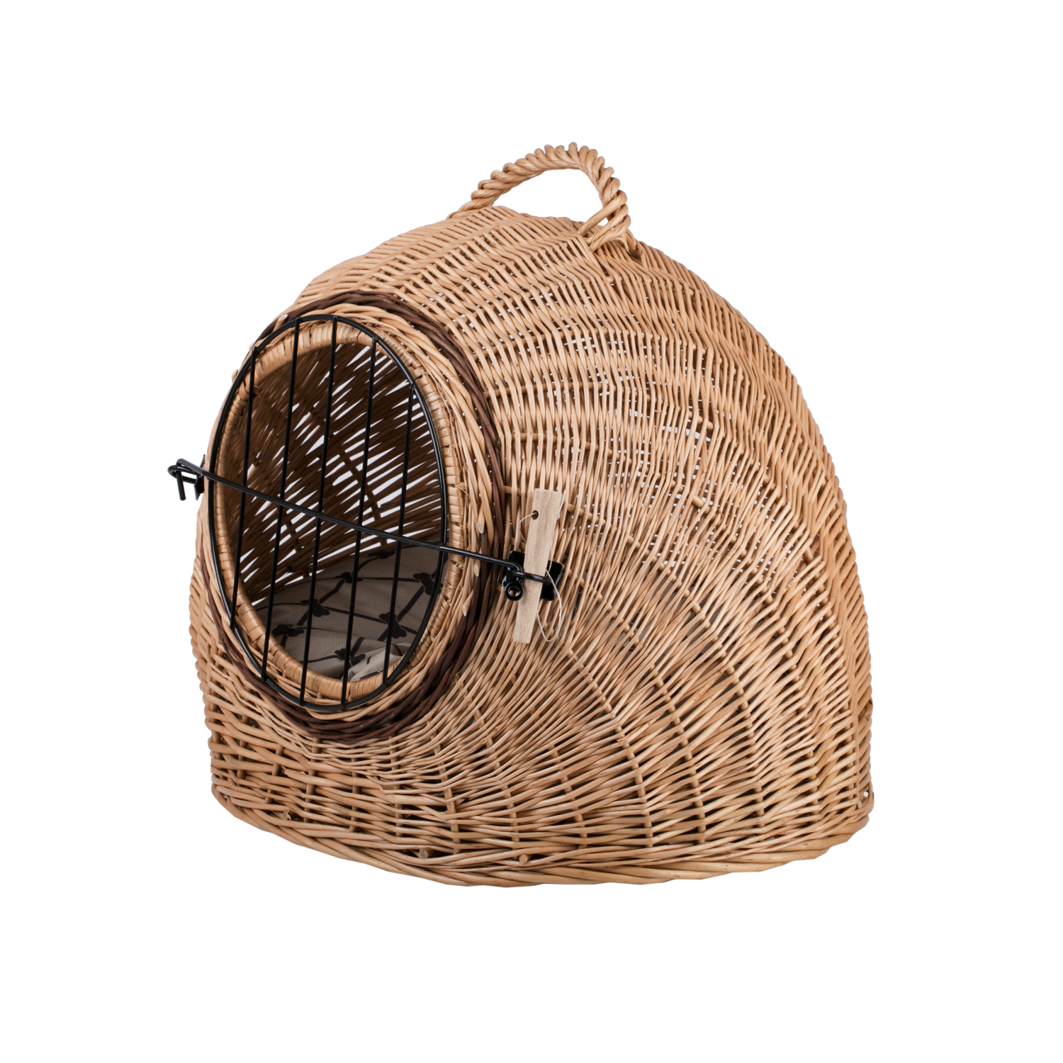 wicker cat house with cushion, carrying handle and metal doors