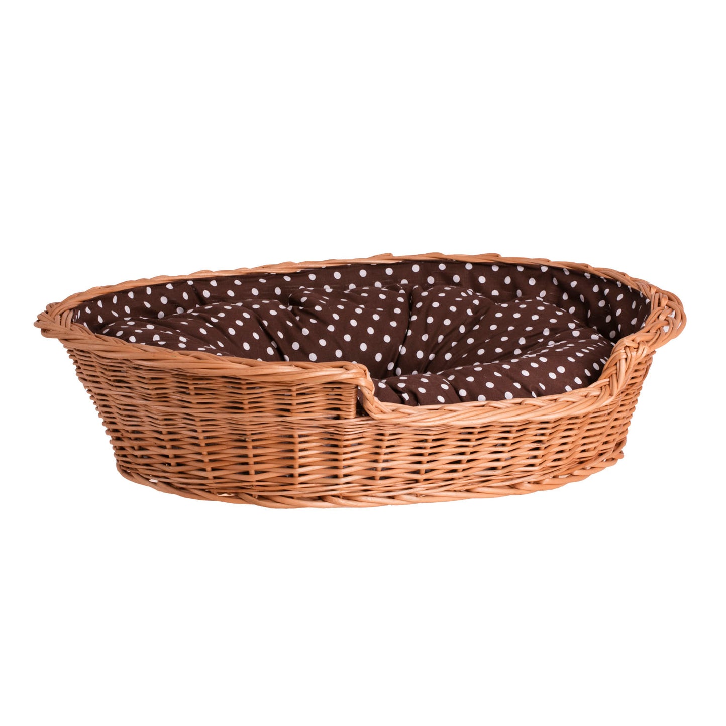 Esmira wicker pet bed for dogs and cats with brown cushion TheWickerStories