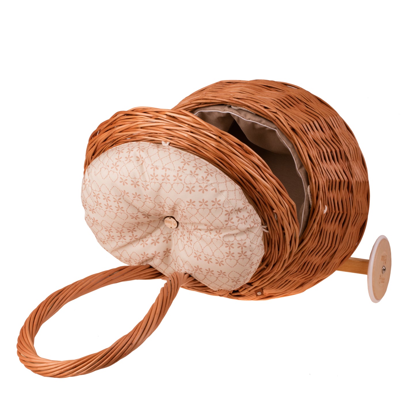 Salix wicker storage pouf with beige trim, cushion and caster wheels TheWickerStories