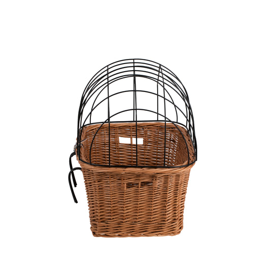 Timoria rieten fietskorf voor huisdieren met deksel en metalen rooster, met leren riemen
