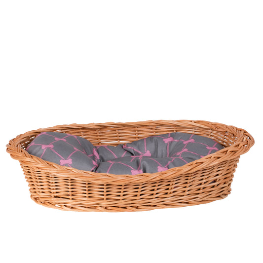 Ester wicker pet bed basket with grey cushion
