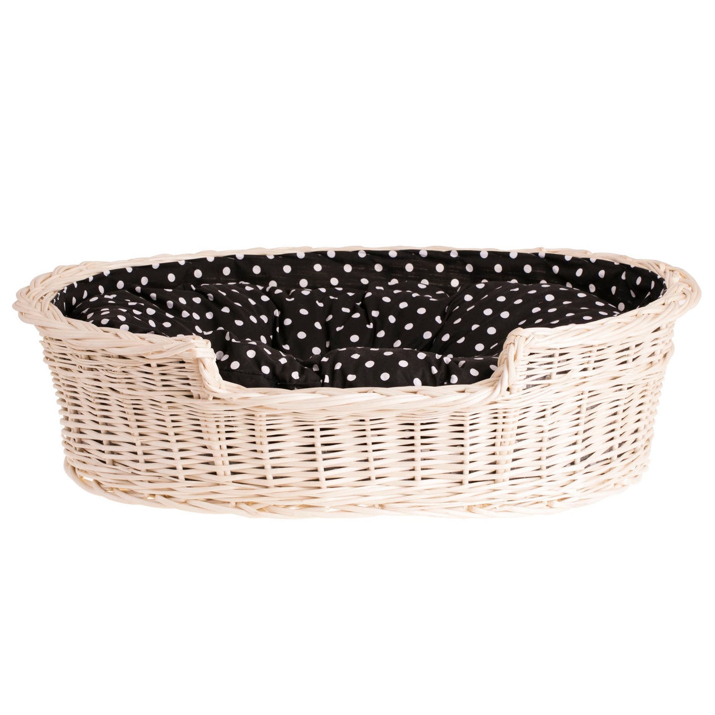 Esmira wicker pet basket for dogs and cats with black trim and cushion TheWickerStories