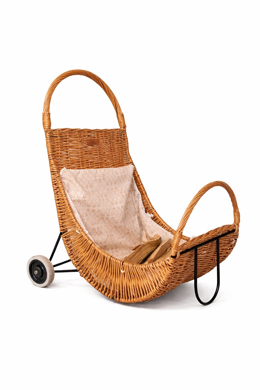 Quercus wicker firewood basket with cream trim, on casters TheWickerStories