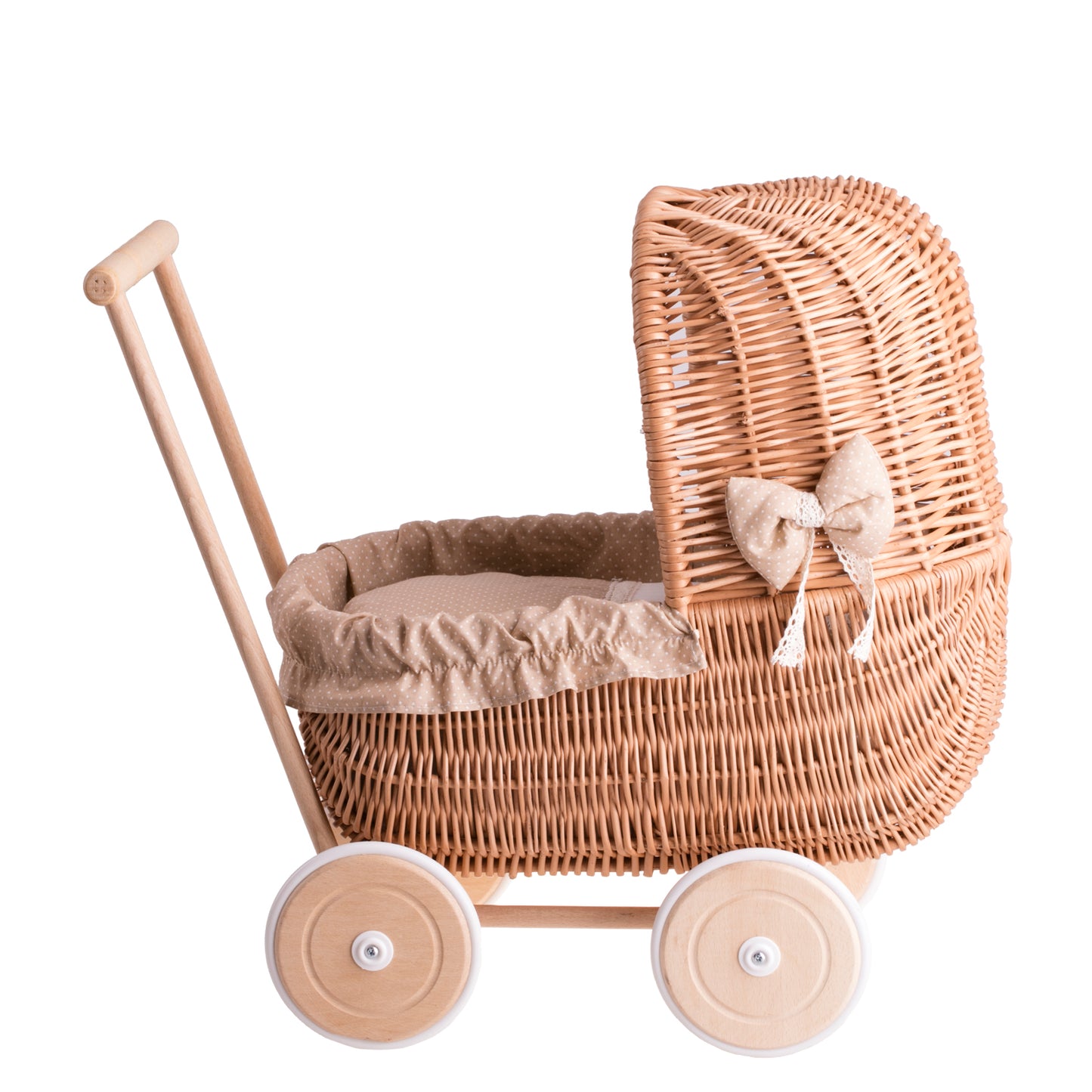 Lala Puppenwagen aus Weide mit beigem Besatz, Decke und Kissen