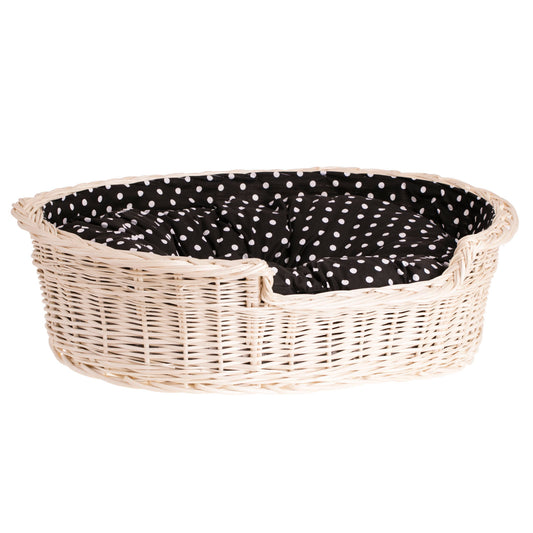 Esmira wicker pet basket for dogs and cats with black trim and cushion TheWickerStories