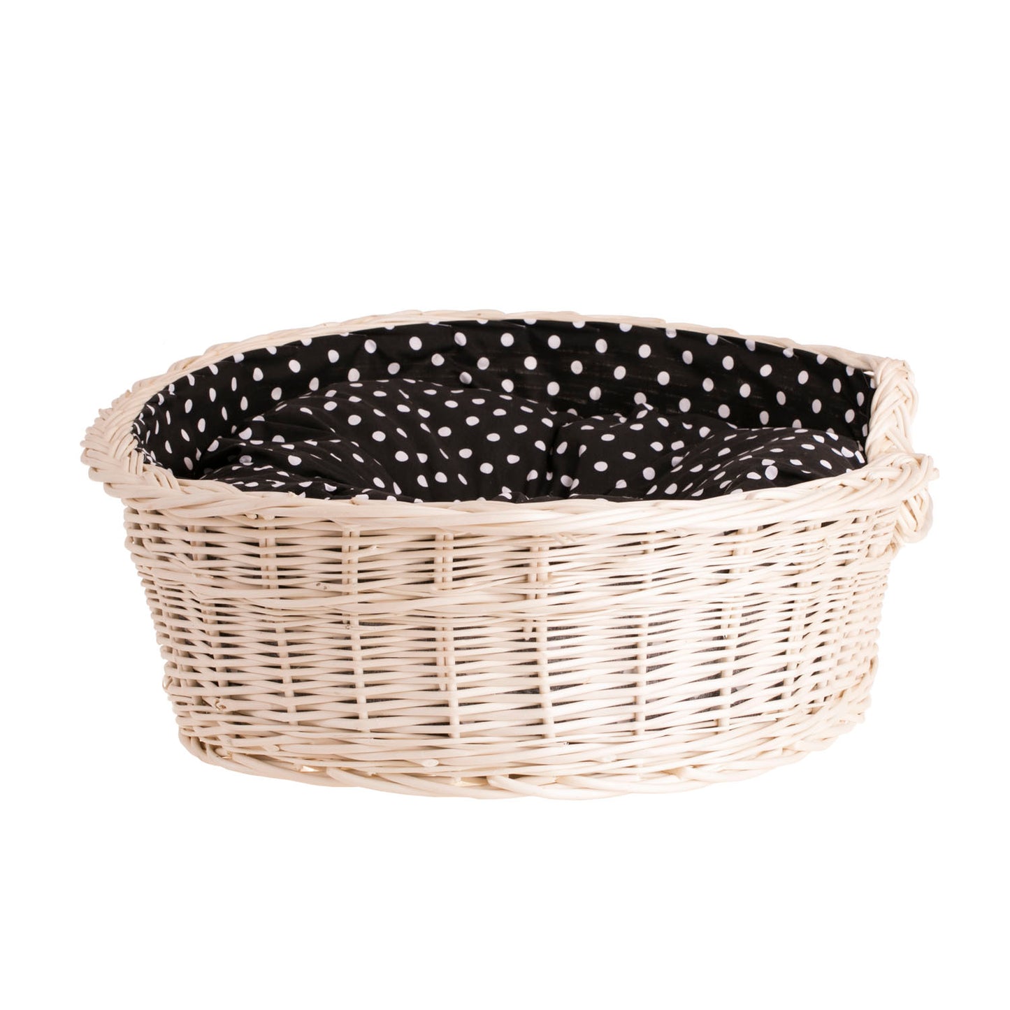Esmira wicker pet basket for dogs and cats with black trim and cushion TheWickerStories