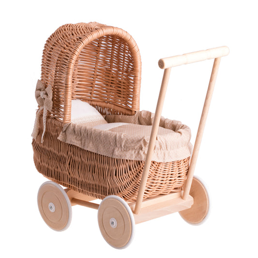 Lala Puppenwagen aus Weide mit beigem Besatz, Decke und Kissen