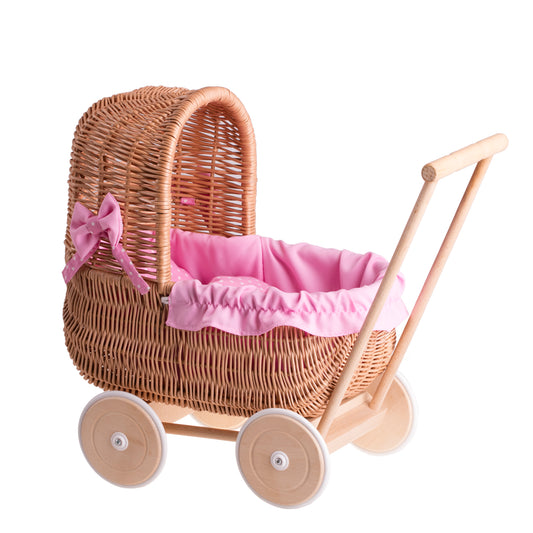 Lala wicker doll stroller with pink trim, blanket, and pillow