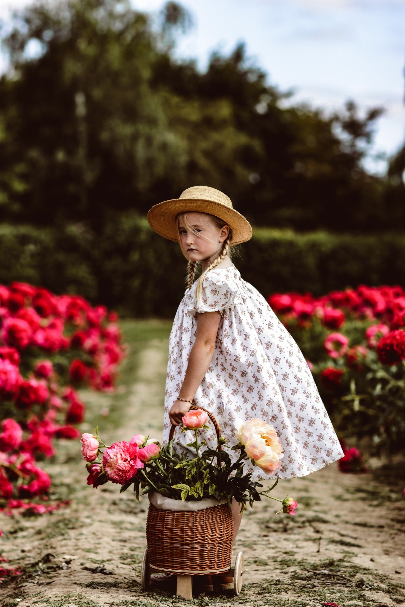 Luke wicker doll stroller with beige trim, handle, and wooden wheels TheWickerStories