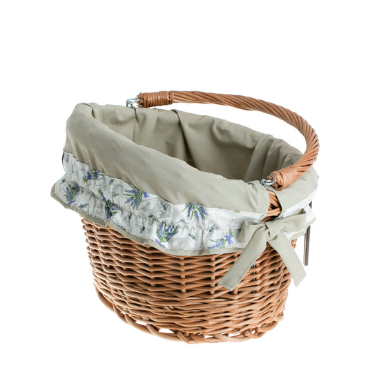 Maxian rieten fietskorf met beige voering, met handvat en stuurbevestiging