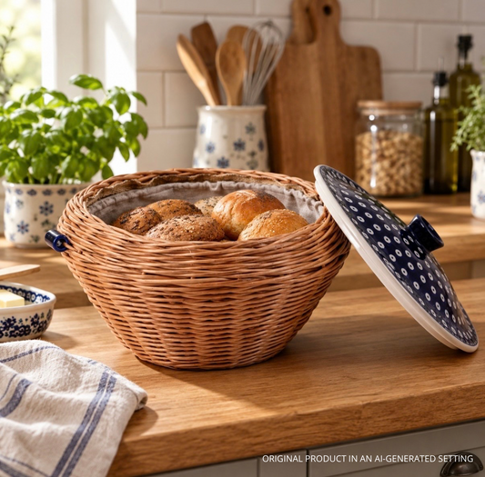 Manufaktura w Bolesławcu round wicker bread box, bread basket, baked goods basket with ceramic lid and fabric trim TheWickerStories