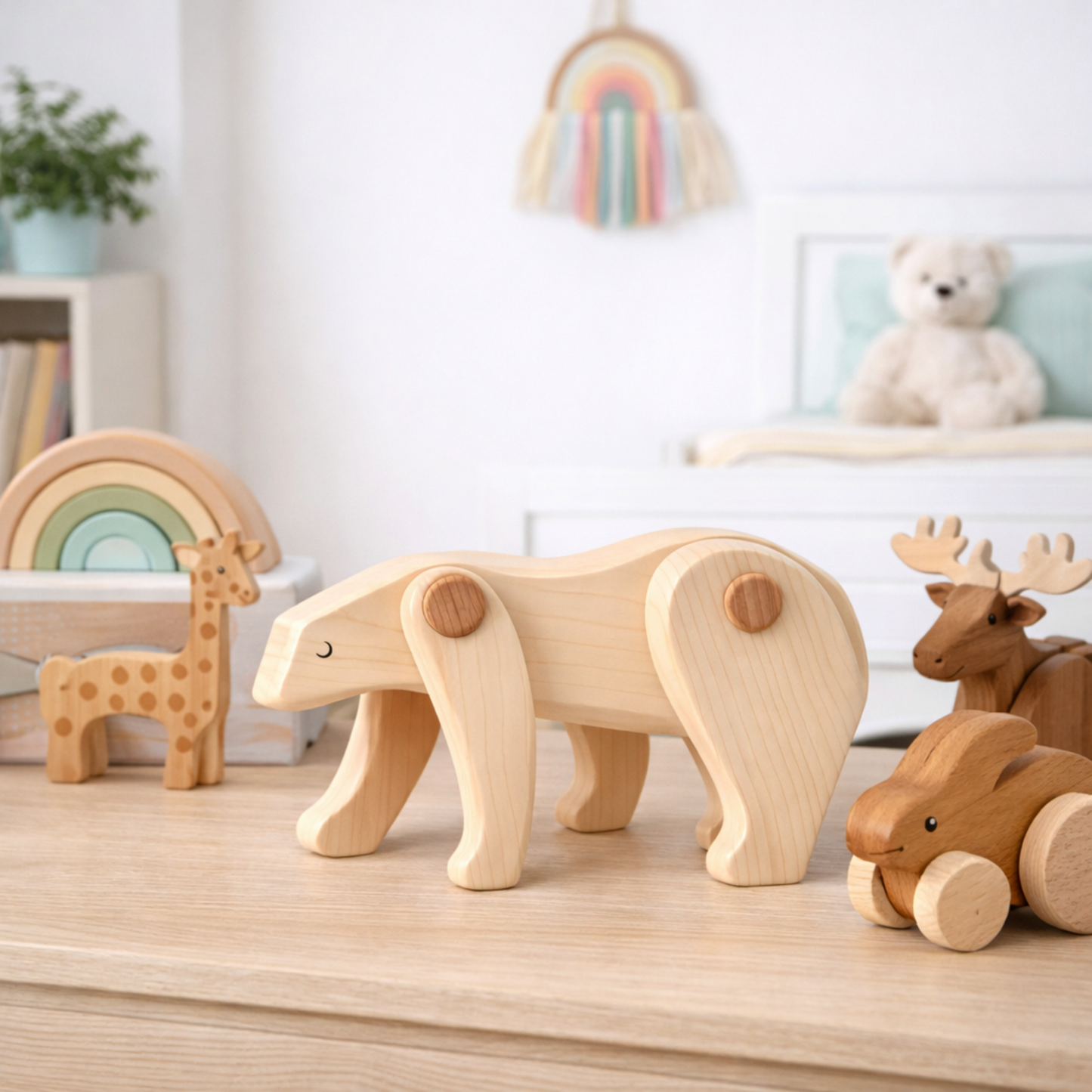 Pinoria ours polaire en bois – figurine animale avec pattes mobiles TheWickerStories