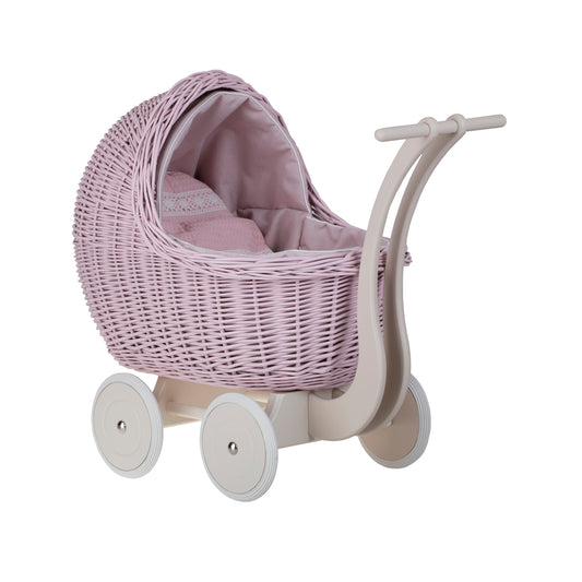 Lili wicker doll stroller with pink trim, blanket, and pillow
