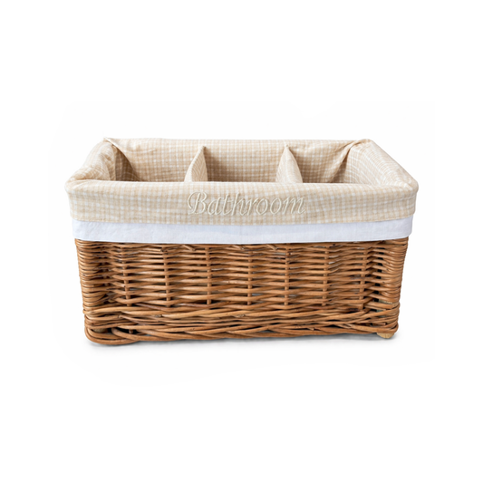 wicker organizer basket with beige trim
