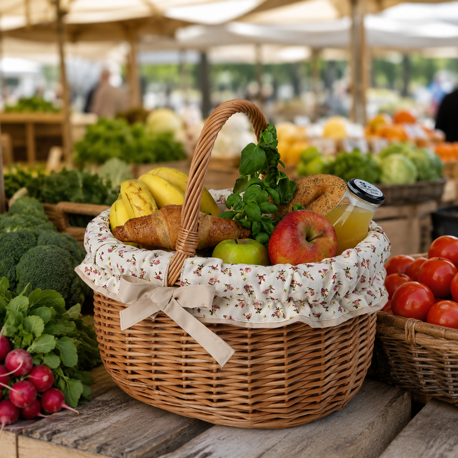 panier en osier pour courses avec finition beige et poignée
