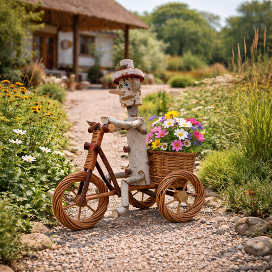 houten decoratief beeldje met plantenpot voor de tuin