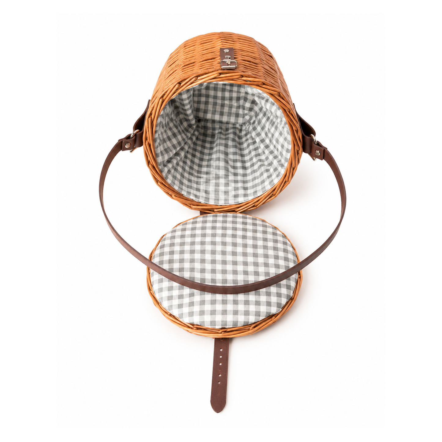 Rivora wicker shoulder basket with fabric lining, lid, and leather strap TheWickerStories