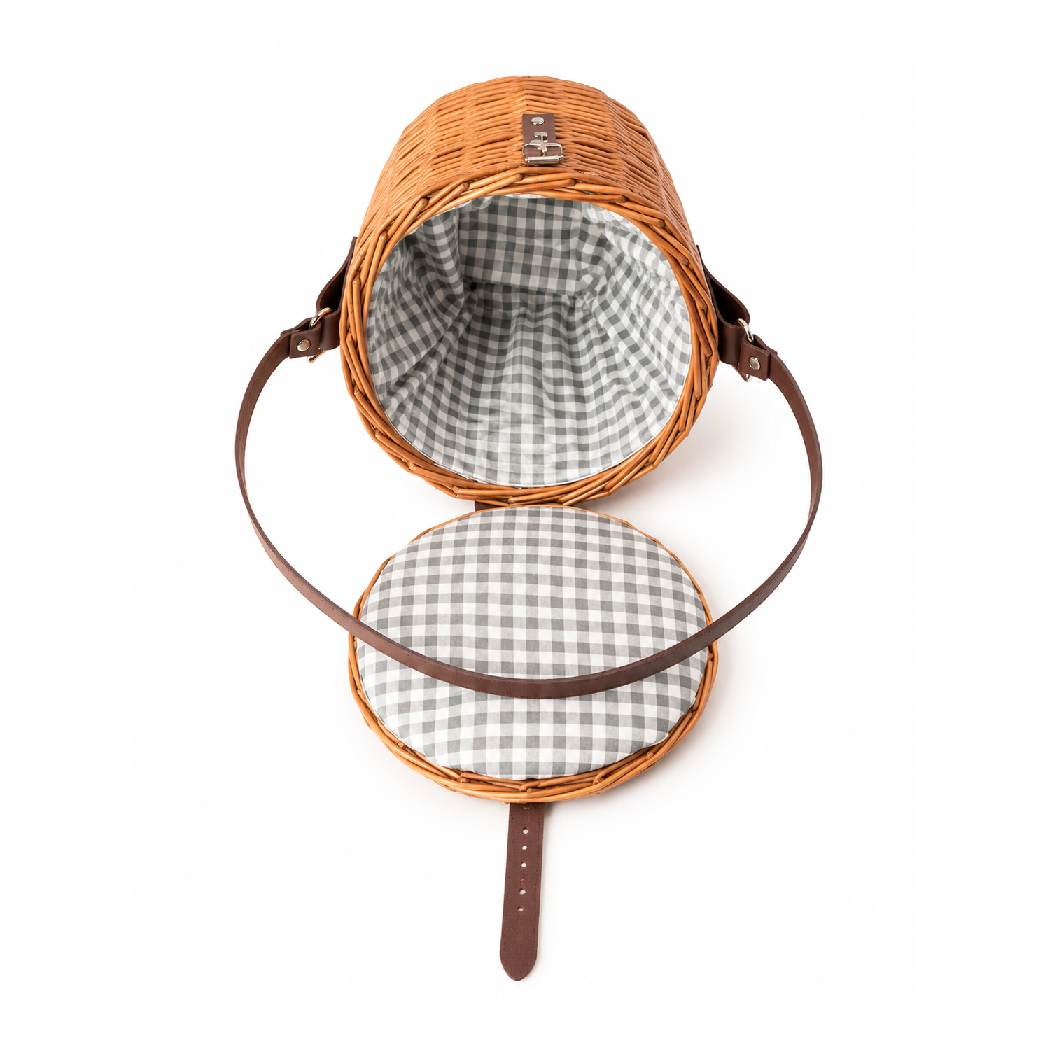 wicker shoulder basket with fabric lining, lid, and leather strap