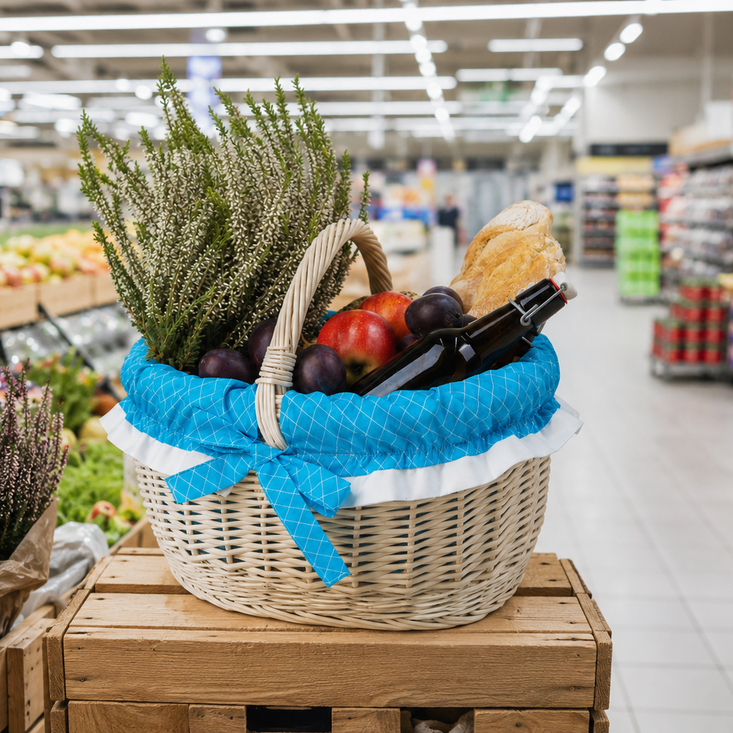 Weidenkorb zum Einkaufen mit blauem Besatz und Griff