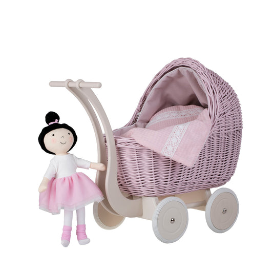 Lili wicker doll stroller with pink trim, blanket, and pillow