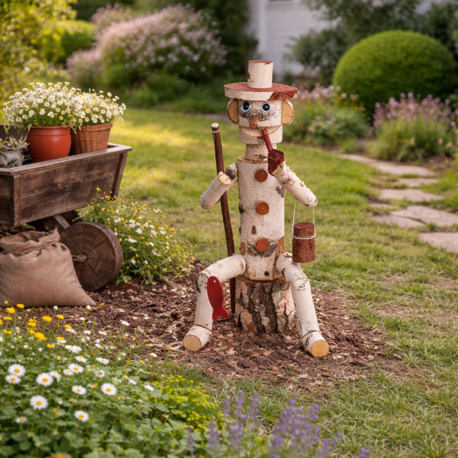decoratief houten beeldje van berk voor de tuin |