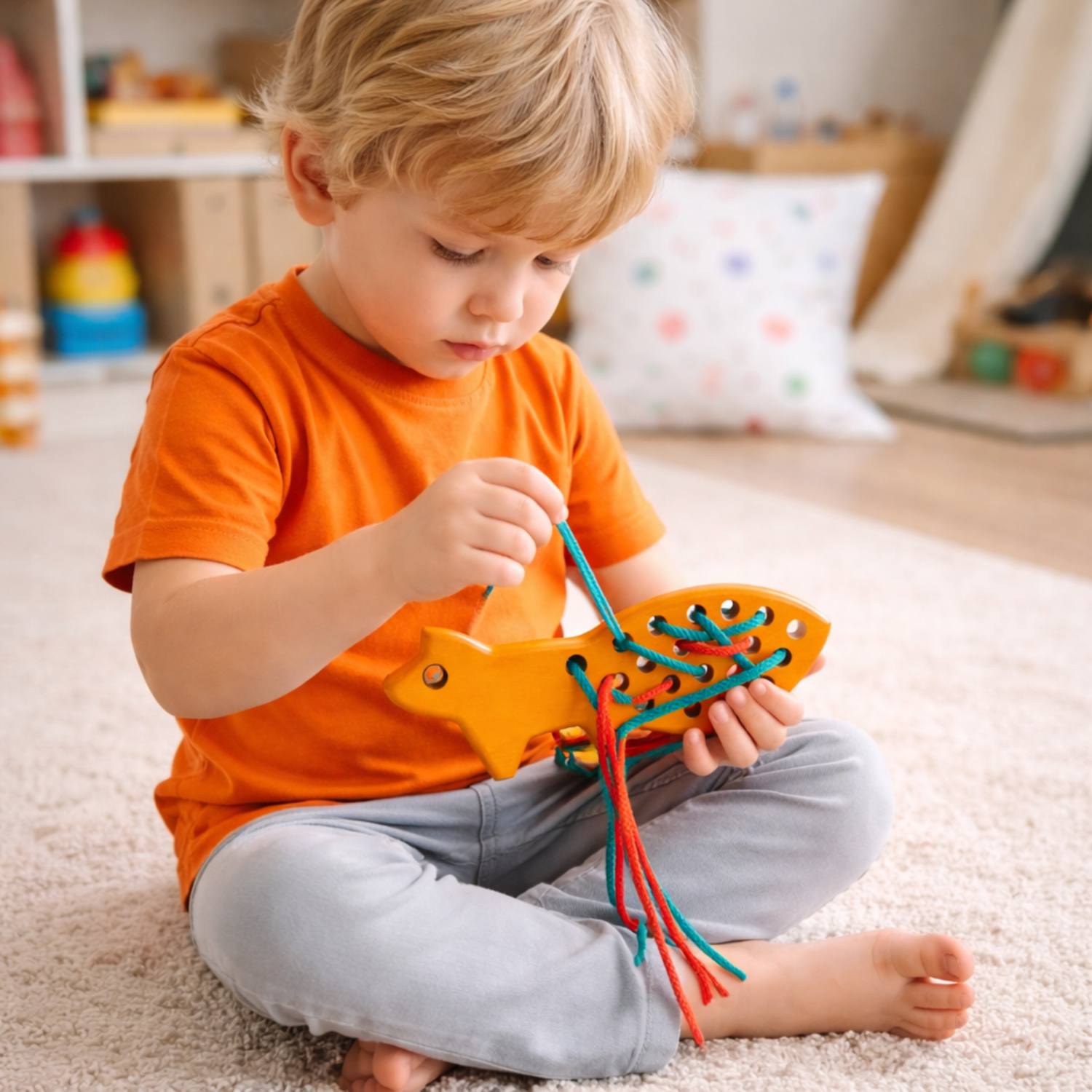 renard en bois - jouet pour enfants à lacer