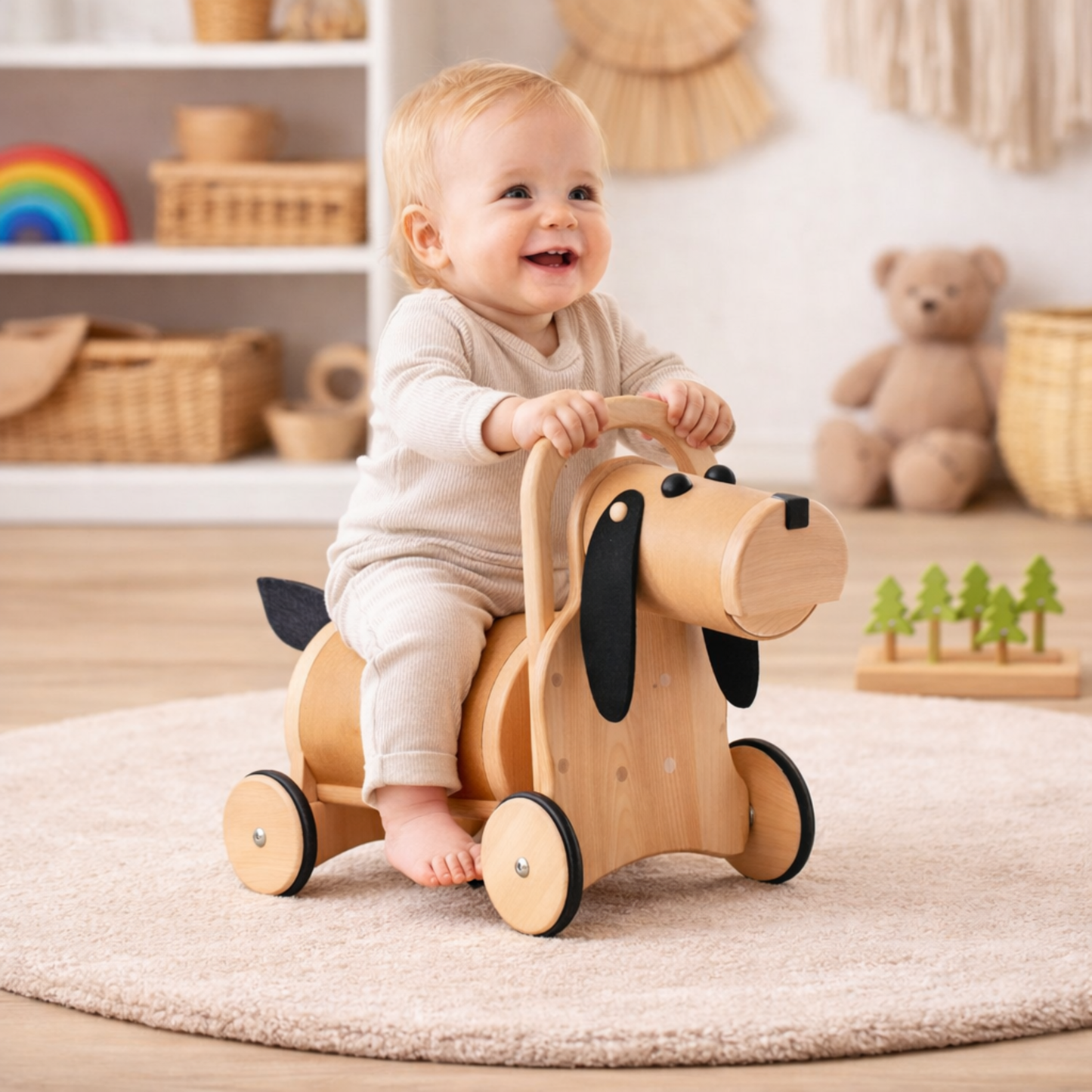 Poma chiot en bois sur roulettes avec poignée – porteur pour enfants TheWickerStories