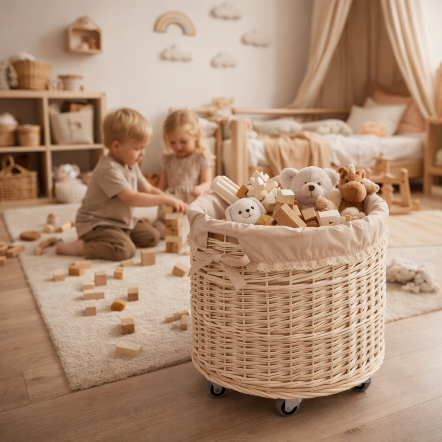 wicker storage basket with beige trim