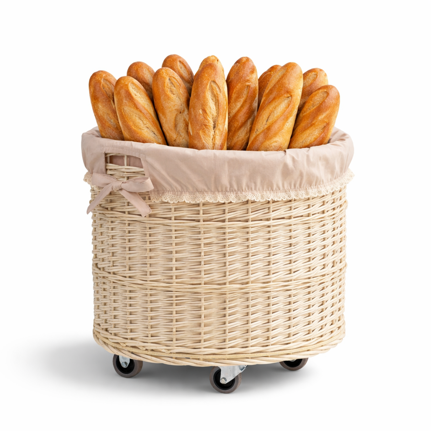 wicker storage basket with beige trim