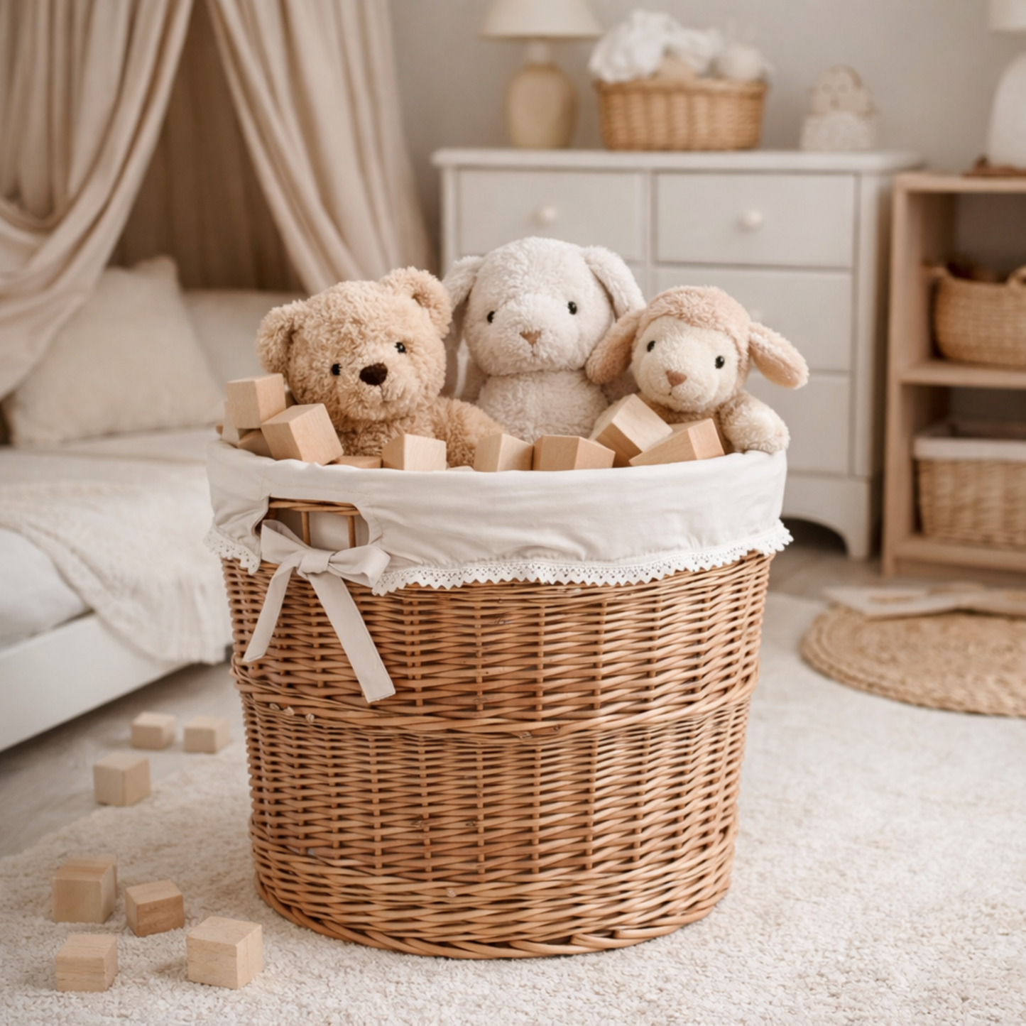 Balvina gevlochten baguettemand voor broodpresentatie met beige afwerking TheWickerStories