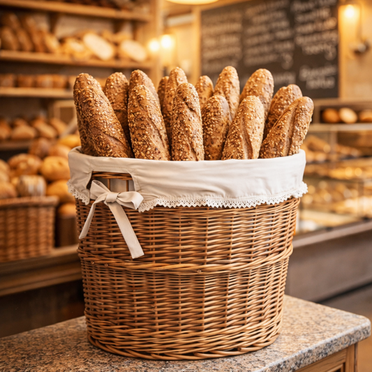 wiklinowy kosz na bagietki do ekspozycji pieczywa z beżowym obszyciem