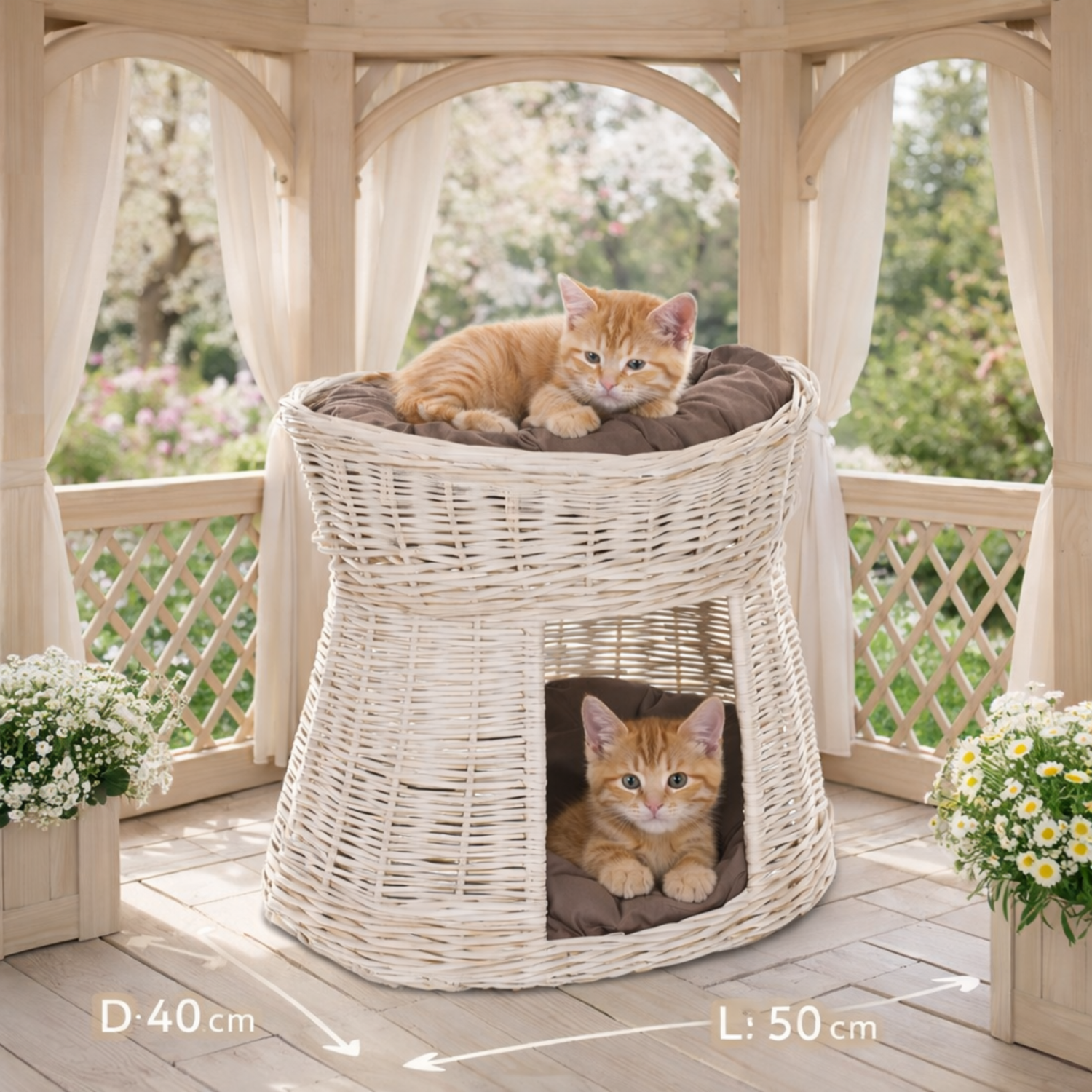 rieten kattenhuis met kussens, tweelaags