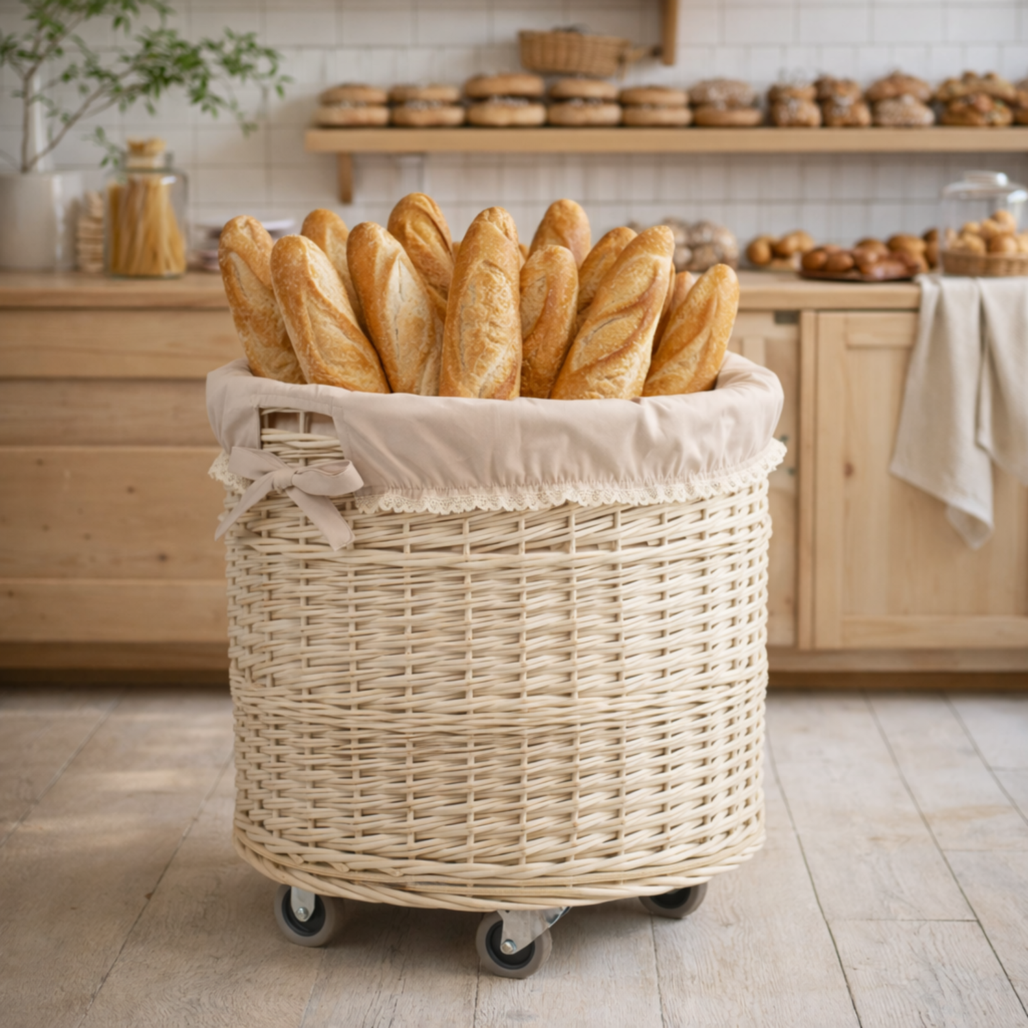 wicker storage basket with beige trim