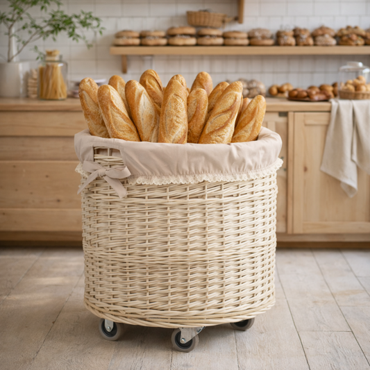 ψάθινο καλάθι αποθήκευσης με μπεζ επένδυση
