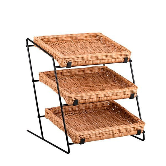 Tiforia Rieten toonbankdisplay met drie manden op een metalen frame