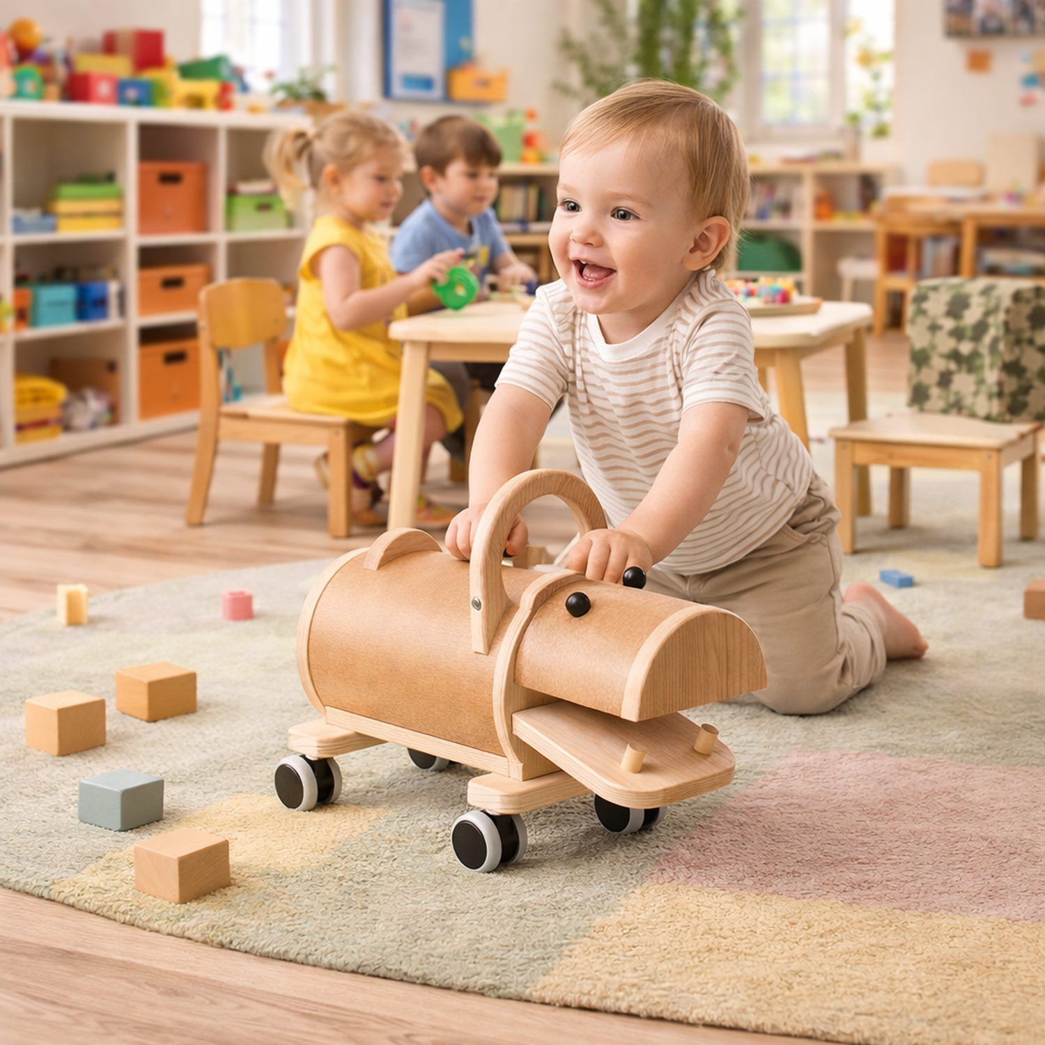 hippopotame en bois sur roulettes avec poignée – trotteur pour enfants