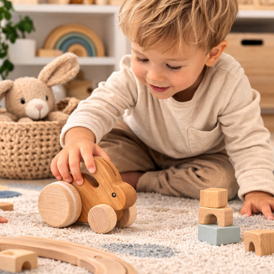 lapin en bois sur roues – jouet pour enfants