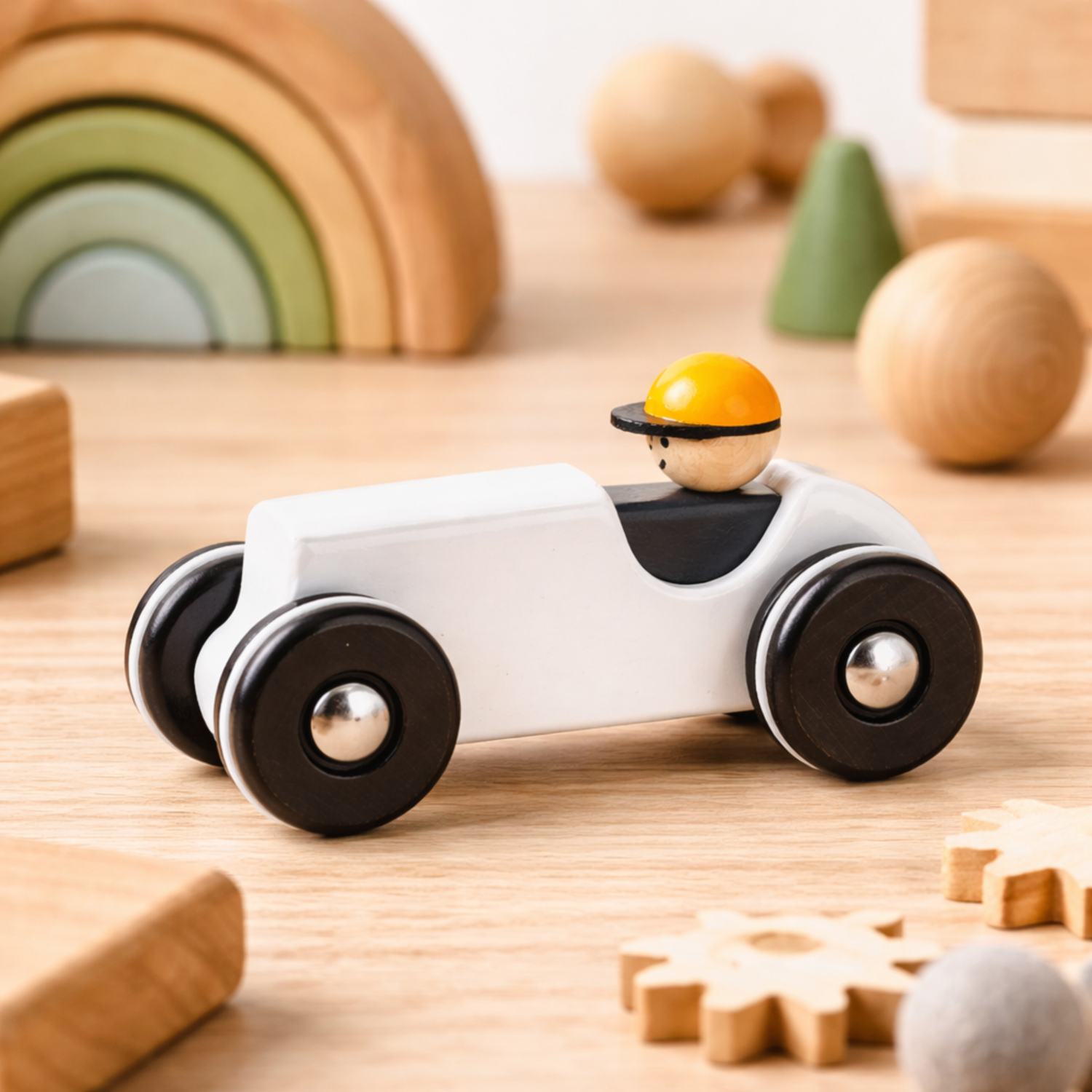 voiture rétro en bois avec conducteur – jouet pour enfants