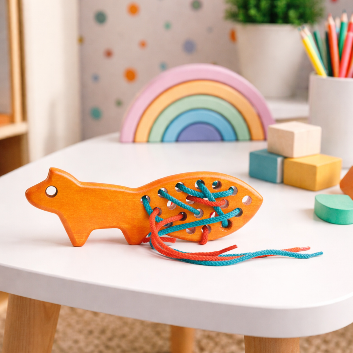 renard en bois - jouet pour enfants à lacer