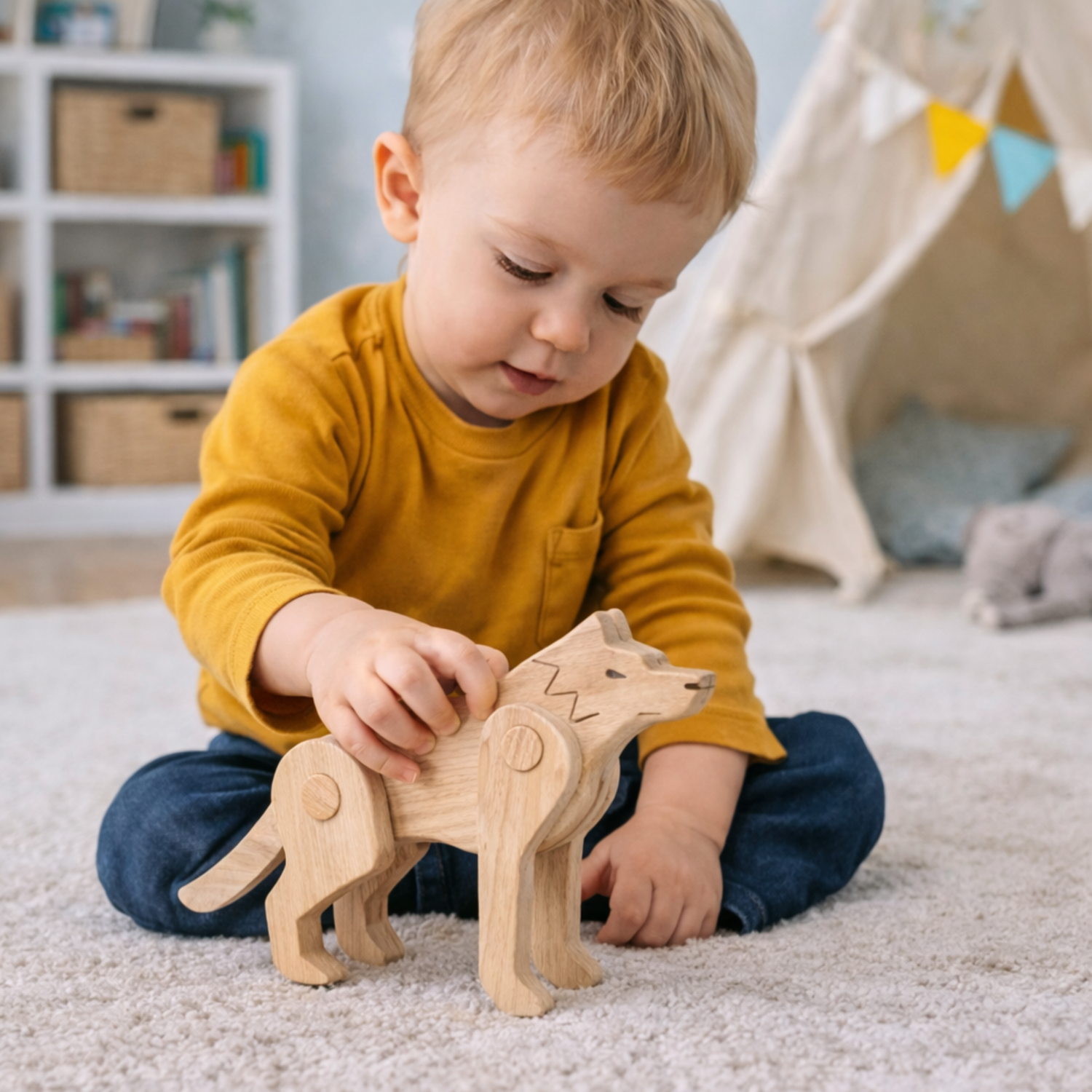 loup en bois – jouet éducatif mobile pour enfants
